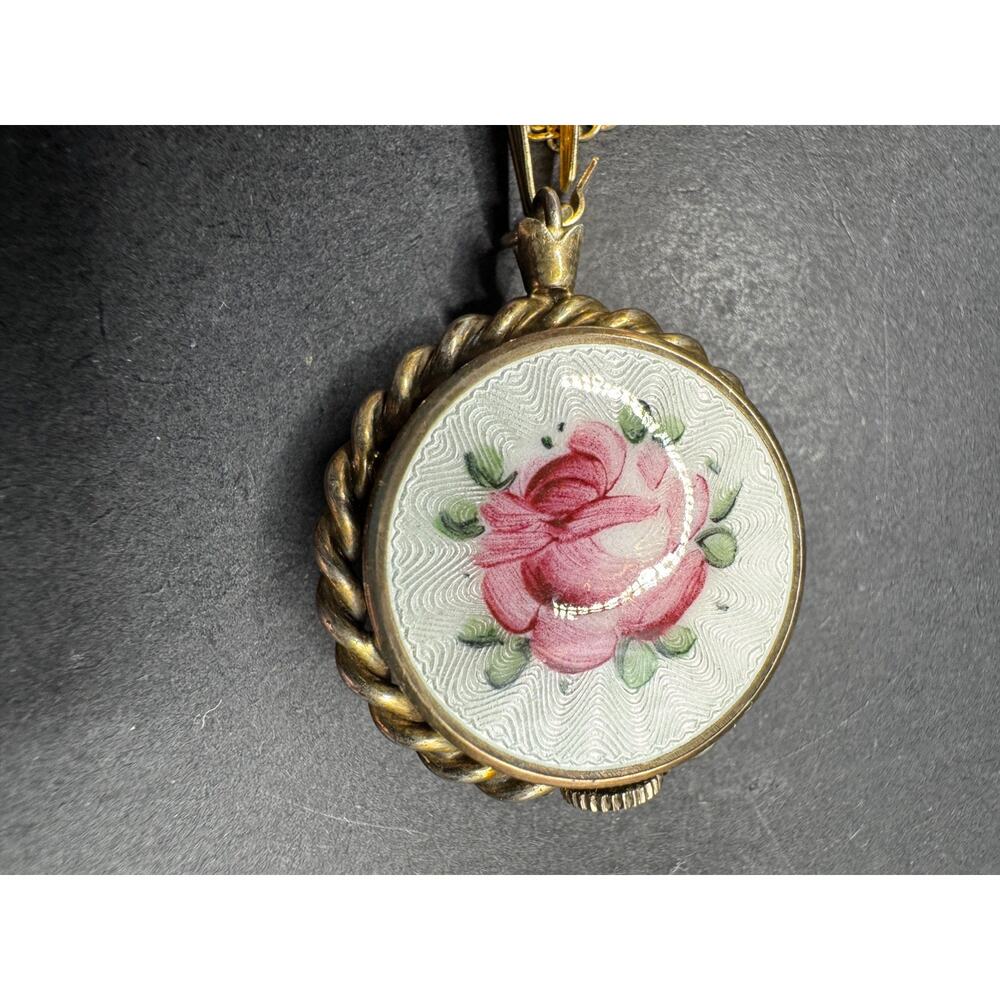 Vtg Croton Ladies12k Gold Filled Ball Watch Pendant Necklace W/ Floral Design - Picture 4 of 10
